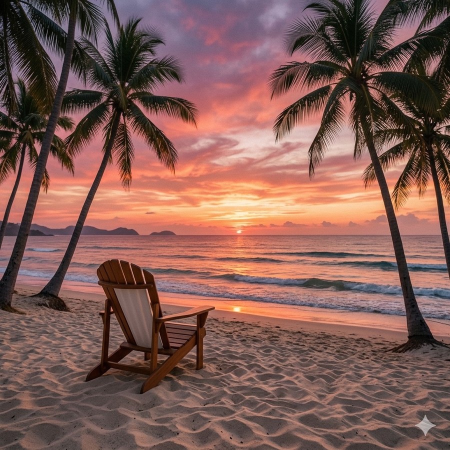 Makoa Launch cover art with tropical palms, sunset, beach chair, and ocean